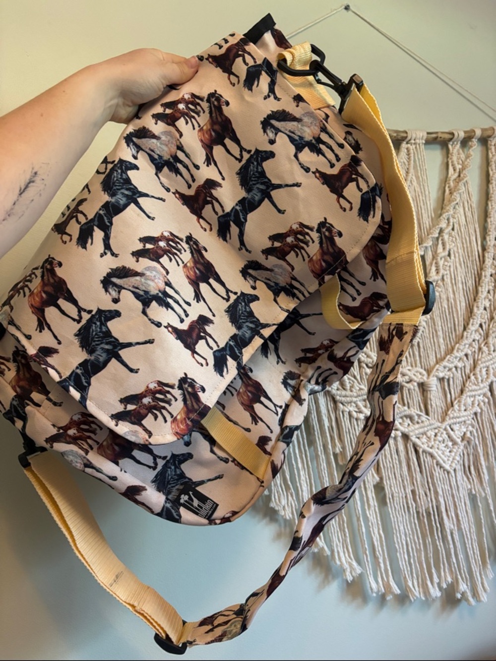 Large Horse Print Crossbody Bag in Cream and Brown - Picture 2 of 5